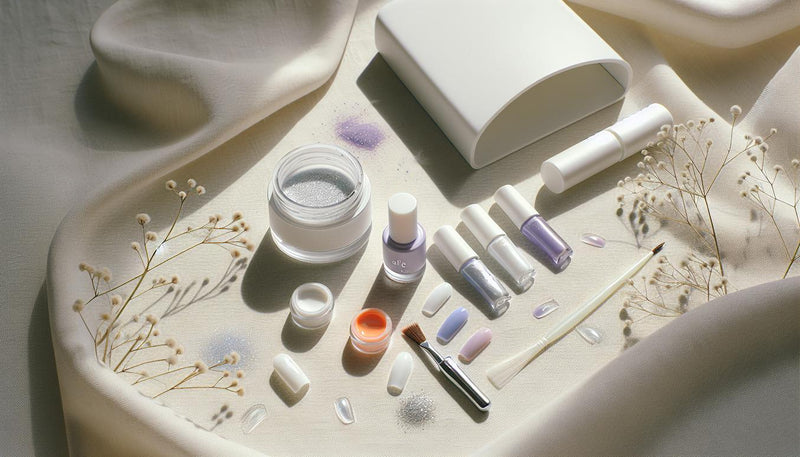 Minimalistisches Flatlay mit Softgel-Tips, drei Gel Linern, UV-LED-Gerät, offenem Döschen Chrome-Puder und Mustertips auf heller Leinenoberfläche, viel Weißraum.
