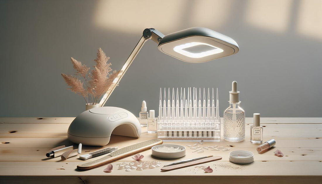 Minimalistisches Nageldesign-Stillleben: UV-Lampe, Softgel-Tips, Gelkleber, Feile, Pinsel, Nagelöl auf hellem Holztisch, Tageslicht, helle Ästhetik.