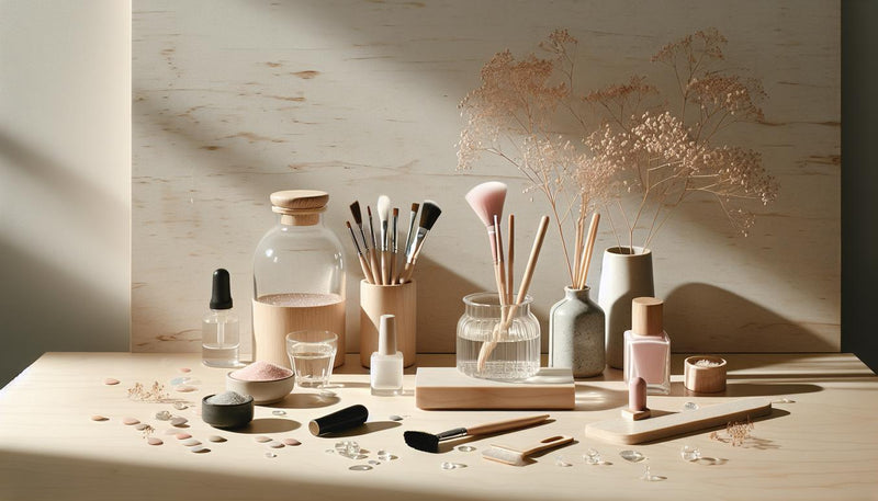 Minimalistisches Nagelstudio mit Aceton und Nagelpflege-Tools auf hellem Birkenholz, feine Blütenblätter und natürliches Tageslicht in weiß-pink-schwarz.