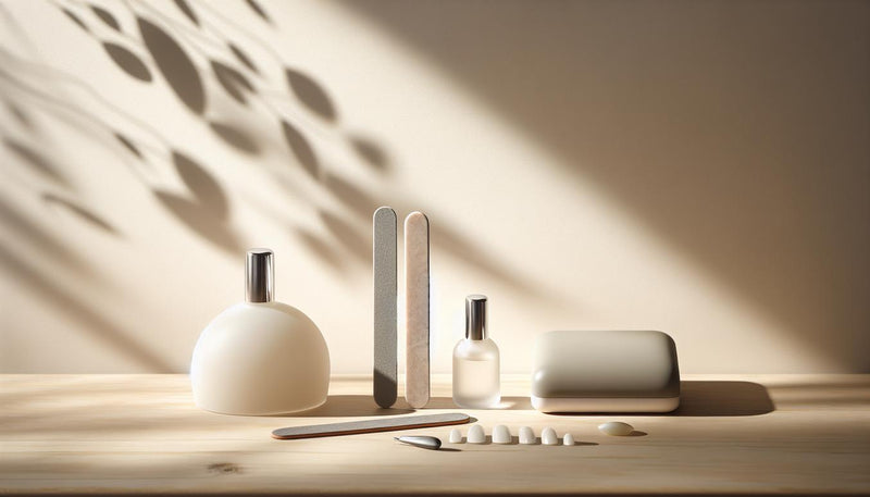 Minimalistisches Naildesign-Flatlay: Mustertips, Feile, Buffer, Fläschchen und UV-Lampe auf hellem Holztisch im Tageslicht, ruhig und modern arrangiert.
