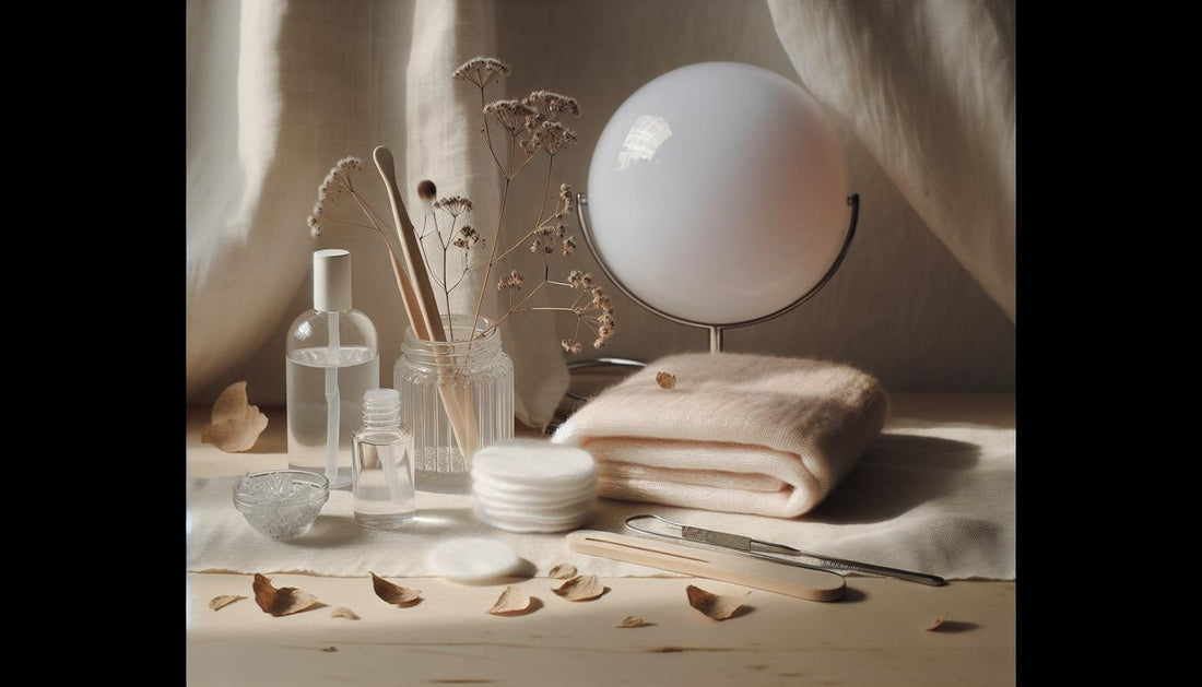 Flatlay mit Wattepads, Glasflasche, Alufolie, Holzstäbchen, Nagelöl und UV-Lampe auf hellem Stoff – minimalistisch, feminin und modern arrangiert.