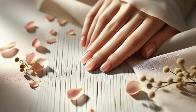 Makroaufnahme natürlicher Fingernägel mit feinen Längsrillen, dezenter Koilonychie auf hellem Birkenholz, Blütenblätter in Pink, minimalistischer Hintergrund.