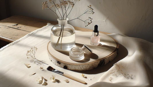 Minimalistisches Nagelpflegeset mit Nagelöl, Serum und Nailart-Pinsel auf heller Birkenholzoberfläche, natürliches Licht, zarte pinke Blütenblätter, ruhige Atmosphäre.