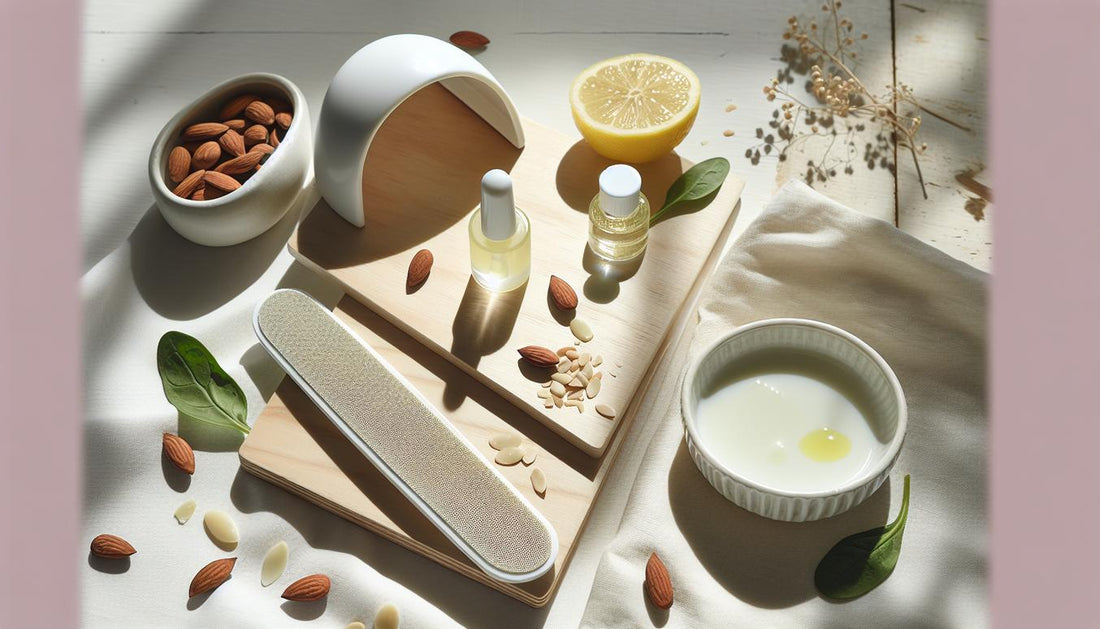 Flatlay auf hellem Holztisch: Glasnagelfeile, Nagelöl, Mandeln, Sonnenblumenkerne, Zitronenscheiben, Blattgemüse und UV-Lampe in ruhiger, minimalistischer Szene.