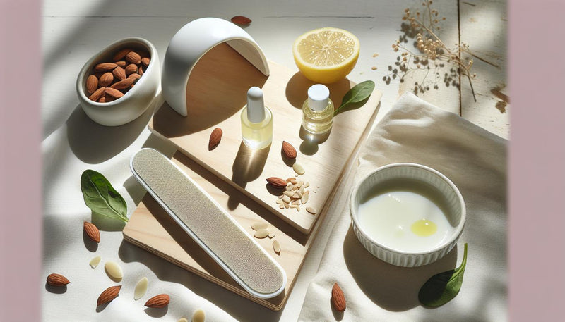 Flatlay auf hellem Holztisch: Glasnagelfeile, Nagelöl, Mandeln, Sonnenblumenkerne, Zitronenscheiben, Blattgemüse und UV-Lampe in ruhiger, minimalistischer Szene.