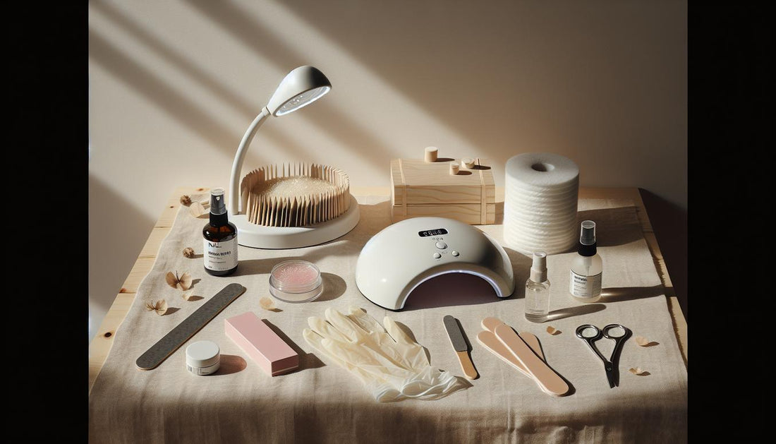 Minimalistisches Flatlay: UV-Lampe, Gel-Tiegel, Feilen, Desinfektionsspray, Baumwollhandschuhe, Nagelöl auf hellem Holztisch, heller, ordentlicher Look.