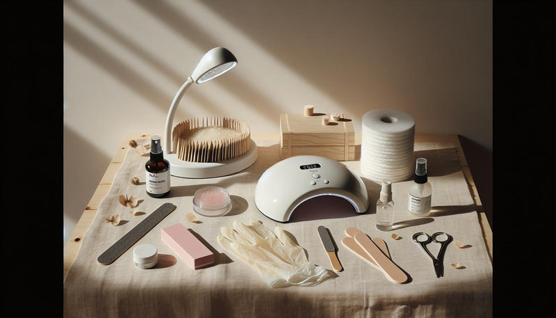 Minimalistisches Flatlay: UV-Lampe, Gel-Tiegel, Feilen, Desinfektionsspray, Baumwollhandschuhe, Nagelöl auf hellem Holztisch, heller, ordentlicher Look.