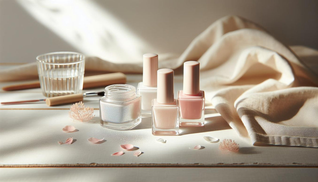 Minimalistisches Set aus Pastell-Nagellacken und glänzendem Chrome-Puder auf heller Holzoberfläche mit zarten pinken Blütenblättern im Hintergrund.