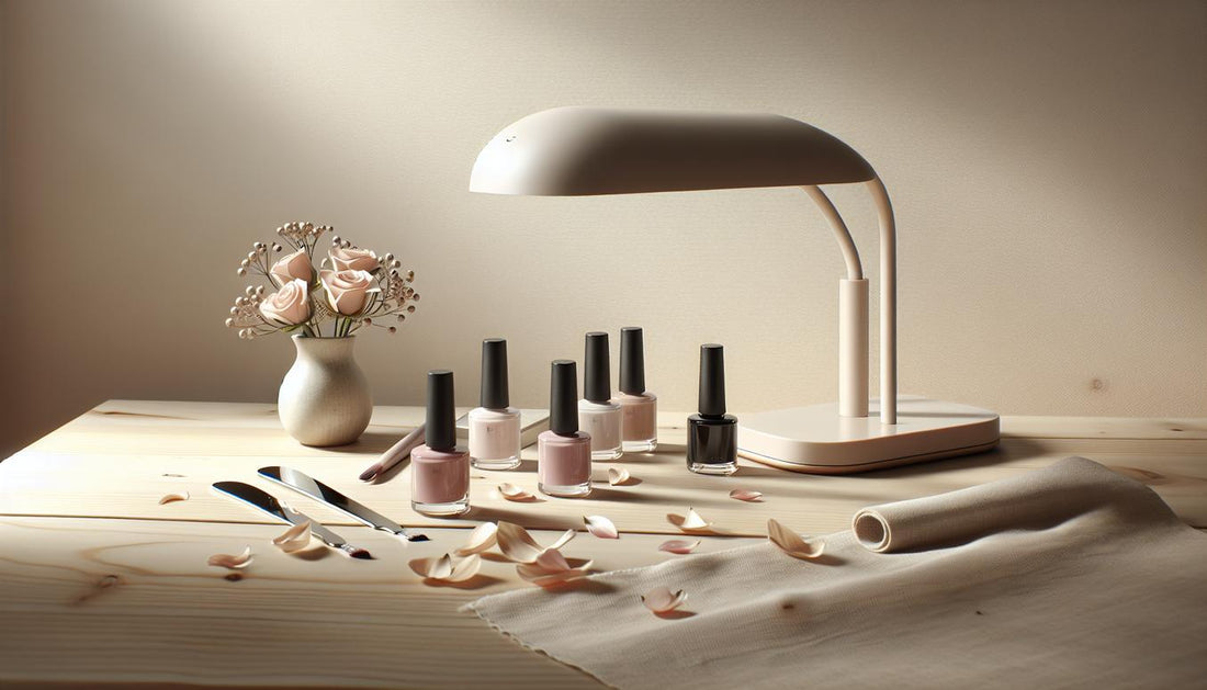 Minimalistischer professioneller Shellac-Arbeitsplatz mit UV-Lampe und farbigen Nagellackflaschen in Pink und Schwarz auf hellem Birkenholz unter natürlichem Licht.