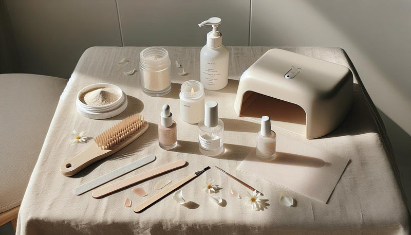 Minimalistisches Flatlay mit Acrylpulver, Monomer, Gel-Tiegel, UV-Lampe, Tips, Feile, Buffer und Nagelöl auf hellem Stoff im NailX-Stil.