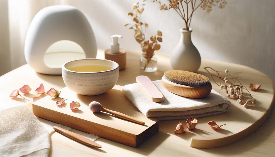 Minimalistische Fußpflegeszene mit Leinentuch, Rosenholzstäbchen, Buffer, Schale Jojobaöl und UV-Lampe auf hellem Holz, ruhige, helle Atmosphäre.