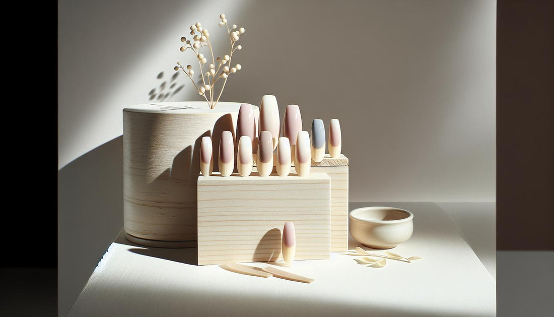 Elegante Babyboomer-Nägel mit sanftem Übergang von Pastellrosa zu Cremeweiß, minimalistisch auf heller Holzoberfläche arrangiert.