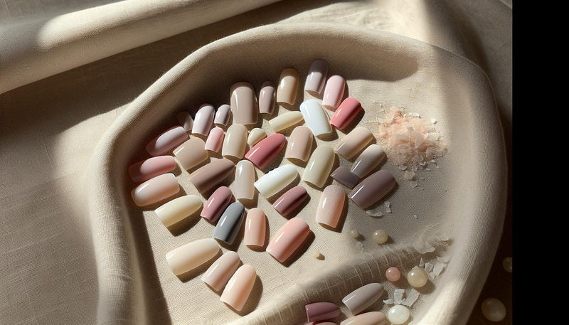 Ästhetische Nahaufnahme von Soft-Almond- und Soft-Square-Nageltips in Nude- und Rosé-Tönen auf beigem Leinen, hell und minimalistisch arrangiert.