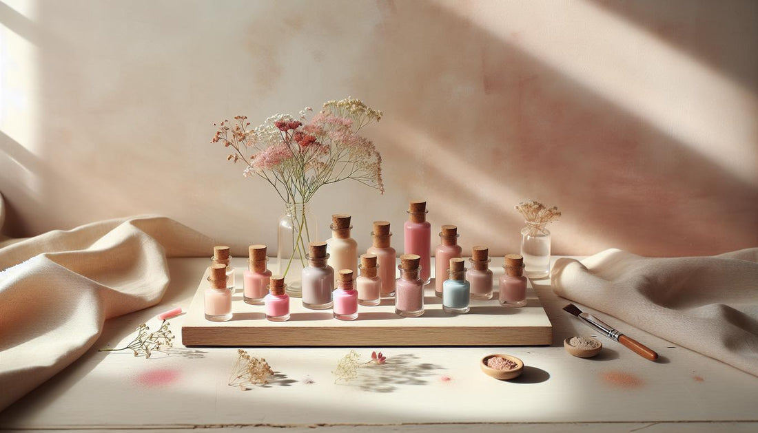 Sommerliche pastellfarbene Nagellackflaschen auf hellem Birkenholzbrett mit getrockneten Blütenblättern und beigem Leinenstoff im sonnigen Naturlicht.