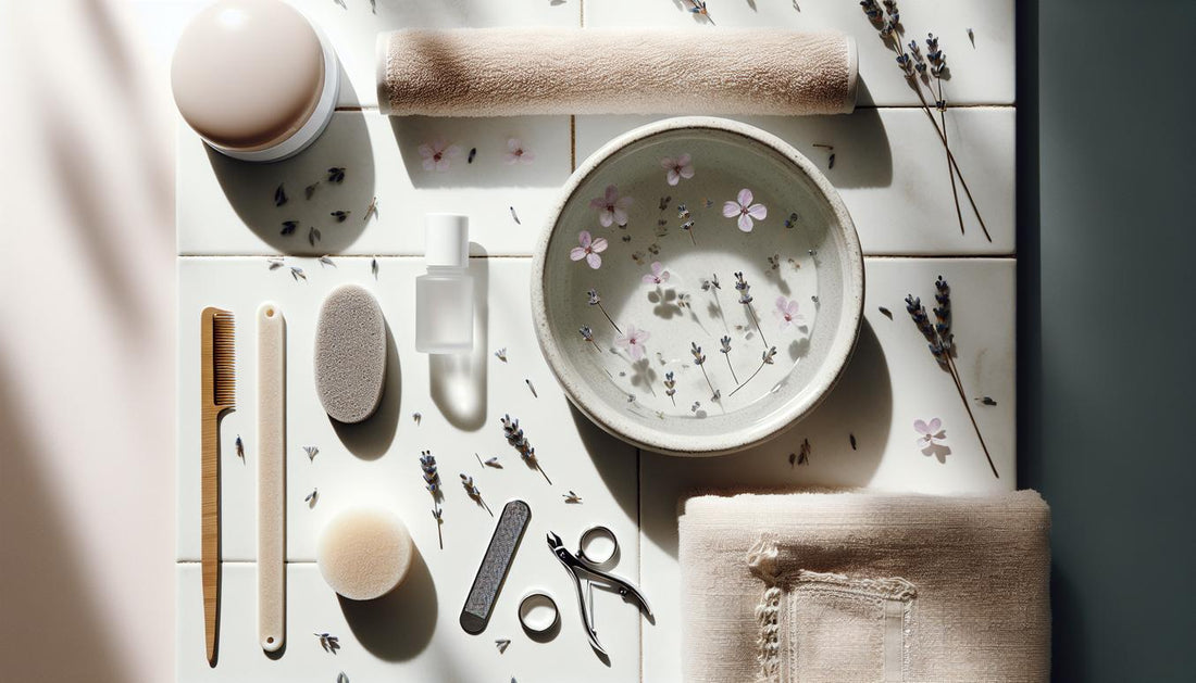 Minimalistisches Flatlay mit Fußbad-Schale, Lavendel, Bimsstein, Handtuch und Nailart-Zubehör auf weißer Kachel, ruhige Lichtstimmung, NailX-Pastelltöne.