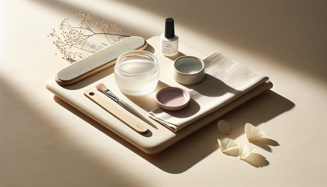 Minimalistisches GellyNails Starter Kit auf hellem Birkenholztisch, umgeben von feinem Nagelpflegezubehör, in natürlichem Tageslicht und ruhiger Atmosphäre.