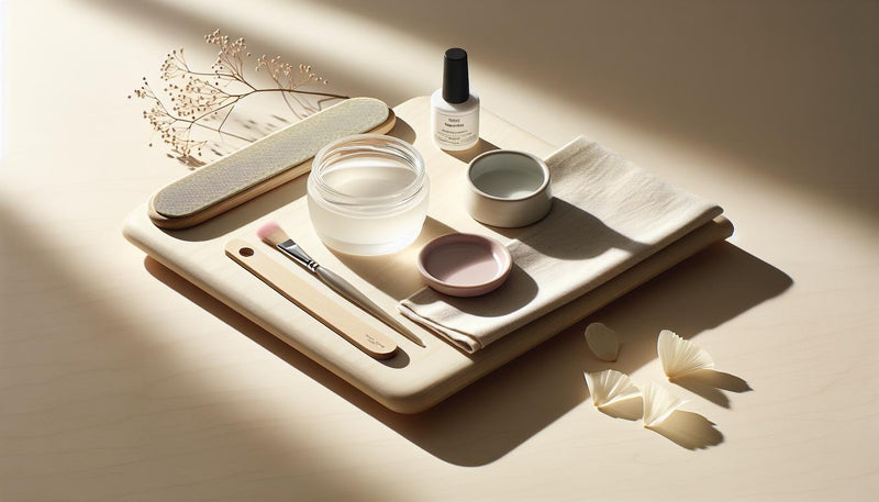 Minimalistisches GellyNails Starter Kit auf hellem Birkenholztisch, umgeben von feinem Nagelpflegezubehör, in natürlichem Tageslicht und ruhiger Atmosphäre.