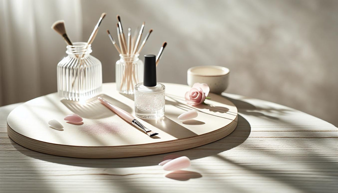 Minimalistisches Nageldesign-Setup mit offenen UV-Gel Tiegeln, feinem Pinsel und rosa Blüten auf weißem Tisch, natürliches Tageslicht, ruhige helle Stimmung.