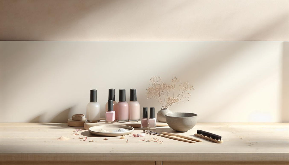 Minimalistisches Nagelstudio mit ordentlich arrangierten Shellac-Flaschen, Nailart-Pinsel, Keramikschälchen und dezenten Blütenblättern auf heller Holzoberfläche in Tageslicht.