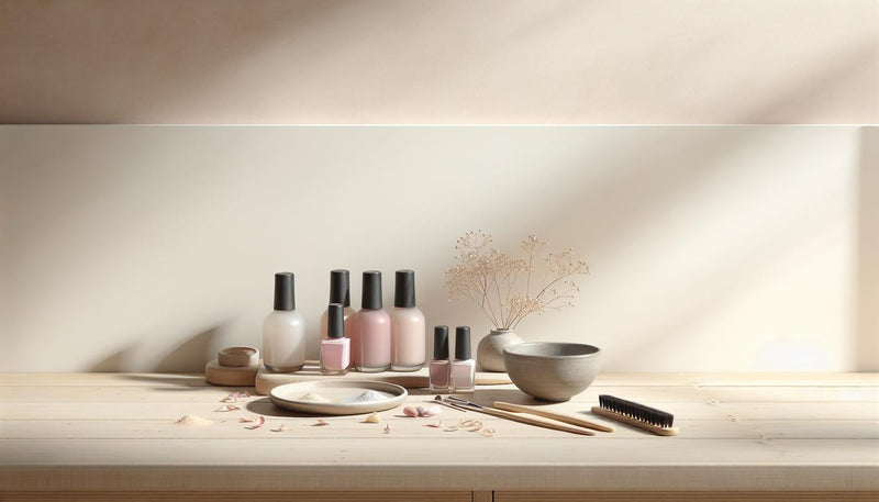 Minimalistisches Nagelstudio mit ordentlich arrangierten Shellac-Flaschen, Nailart-Pinsel, Keramikschälchen und dezenten Blütenblättern auf heller Holzoberfläche in Tageslicht.