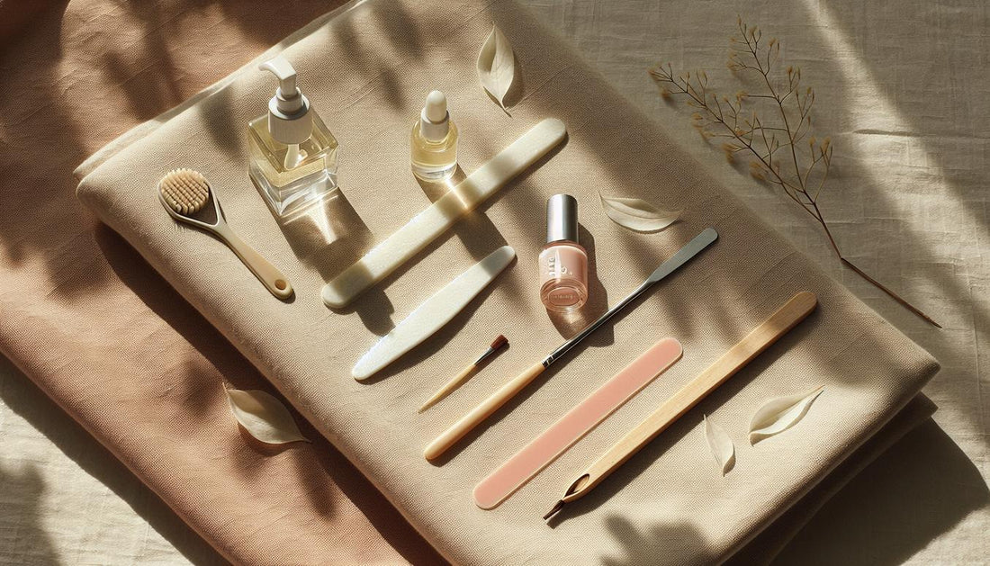 Minimalistisches Flatlay aus Nagelfeile, Buffer, Holzstäbchen, geöffnetem Cuticle-Öl und Gelfläschchen auf beigem Leinentuch im Tageslicht.