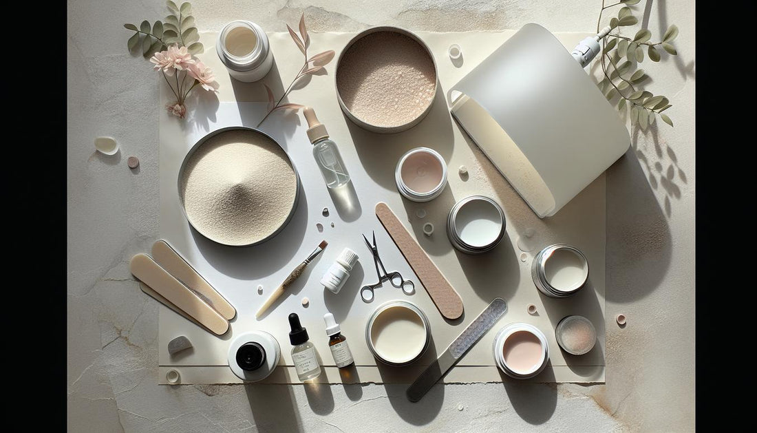 Flatlay auf hellem Stein: Acrylpulver-Dosen, Liquid-Glas, Gel-Tiegel, UV-Lampe, Feile, Pinsel und Nagelöl ästhetisch arrangiert, minimalistisch und hell.