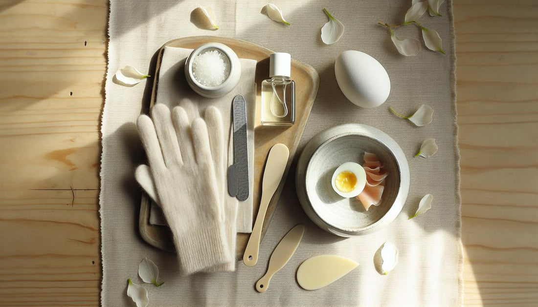 Minimalistisches Flatlay auf Leinen: Glasflasche Nagelöl, Nagelfeile, Baumwollhandschuhe, Keramikschale, Teller mit Lachs, Ei und Käse, pastellfarbene Blüten.
