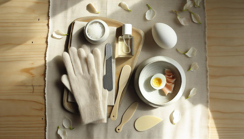 Minimalistisches Flatlay auf Leinen: Glasflasche Nagelöl, Nagelfeile, Baumwollhandschuhe, Keramikschale, Teller mit Lachs, Ei und Käse, pastellfarbene Blüten.