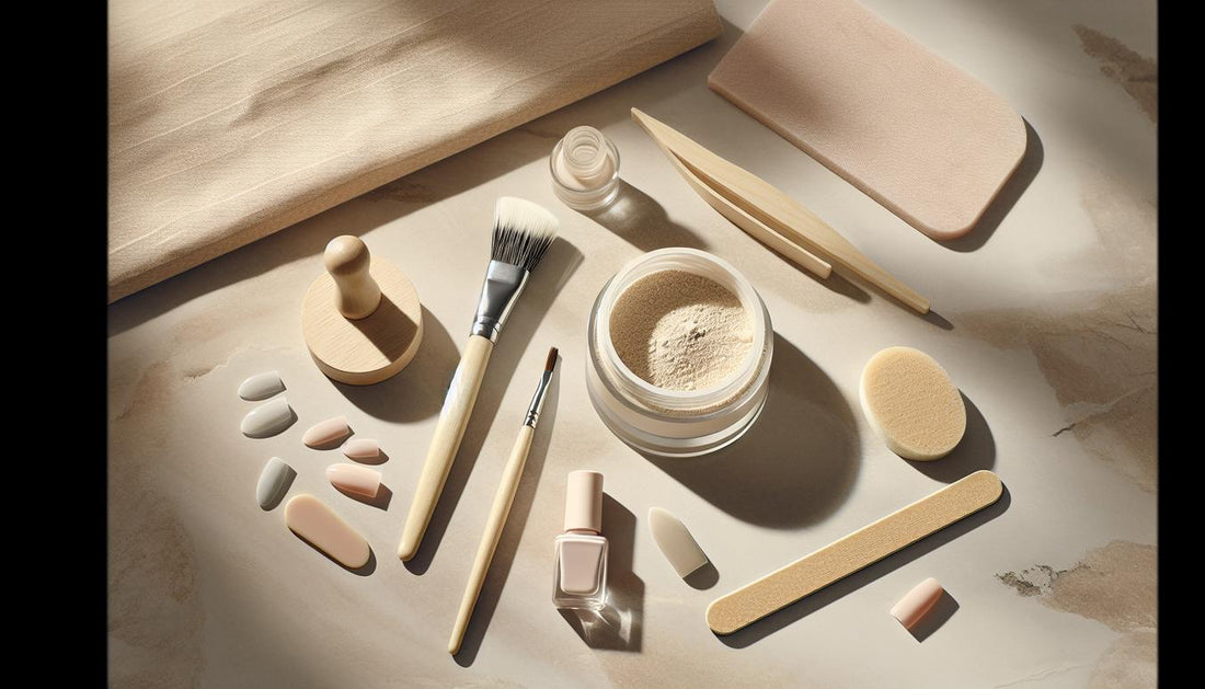 Ästhetisches Flatlay mit Dip-Powder-Dose, Monomer-Fläschchen, Pinsel, Feile, Buffer, Holzstäbchen und Soft-Gel-Tips auf hellem Stein-Hintergrund.