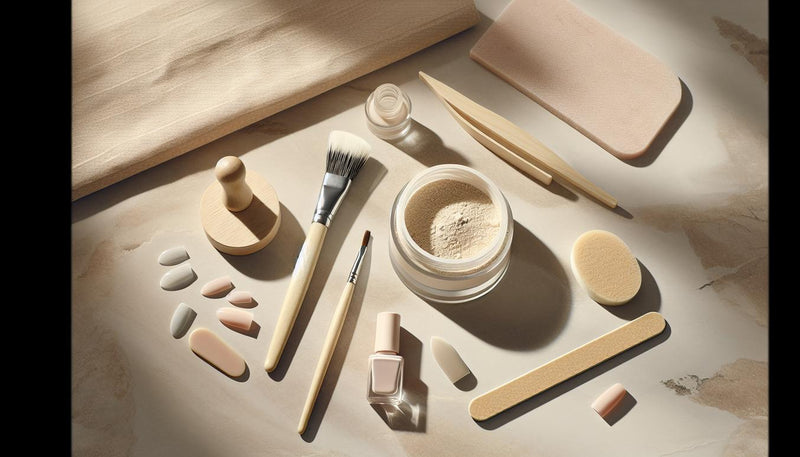 Ästhetisches Flatlay mit Dip-Powder-Dose, Monomer-Fläschchen, Pinsel, Feile, Buffer, Holzstäbchen und Soft-Gel-Tips auf hellem Stein-Hintergrund.