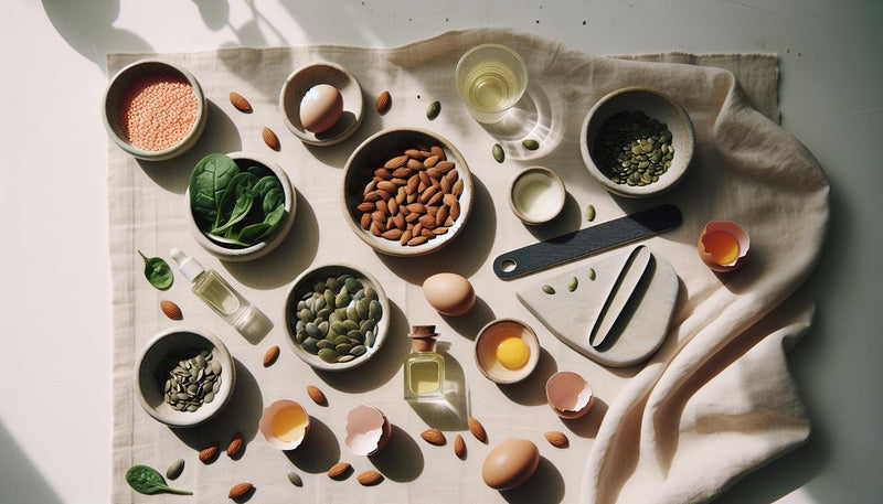 Minimalistisches Flatlay: Schalen mit Mandeln, Linsen, Spinat, Kürbiskernen, Zitronenscheiben, Eiern auf Leinentuch, daneben Glasnagelfeile und Nagelölfläschchen.