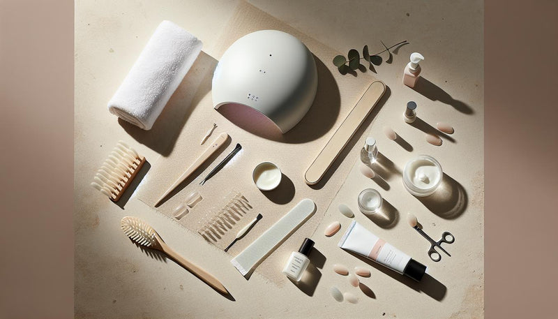 Flatlay im NailX-Stil: UV-Nagellampe, Soft-Gel-Tips, Nagelbürste, glasierter Seifenspender, sauberes Handtuch und Pflegeprodukte auf heller Steinfläche.