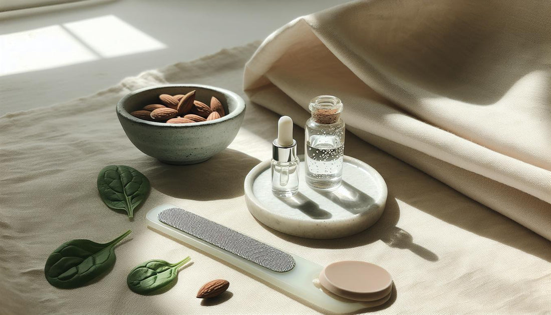 Minimalistisches Stillleben: Glasnagelfeile, Cuticle-Öl, Keramikschale mit Mandeln und Spinatblättern auf hellem Leinen, sanftes Tageslicht.