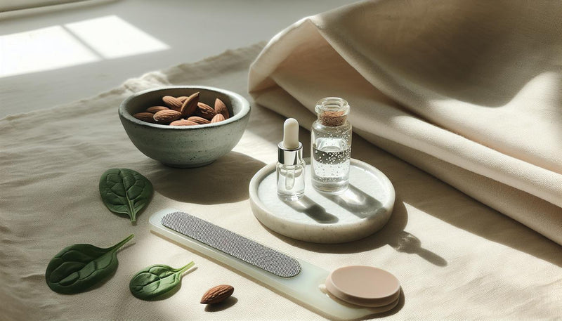 Minimalistisches Stillleben: Glasnagelfeile, Cuticle-Öl, Keramikschale mit Mandeln und Spinatblättern auf hellem Leinen, sanftes Tageslicht.