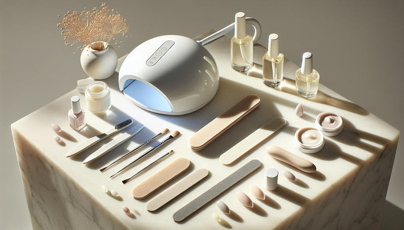 Minimalistisches Flatlay mit UV-LED-Lampe, Gel-Tiegel, Feilen, Cuticle-Öl und French-Muster-Tips auf heller Marmorfläche, helle NailX-Farben.