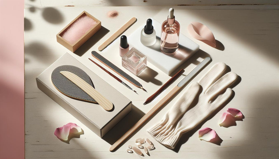 Modernes Flatlay aus Glasnagelfeile, Rosenholzstäbchen, Nagelöl, Soak-Off-Gel, Press-On-Box und Baumwollhandschuhen auf hellem Holz im NailX-Stil.