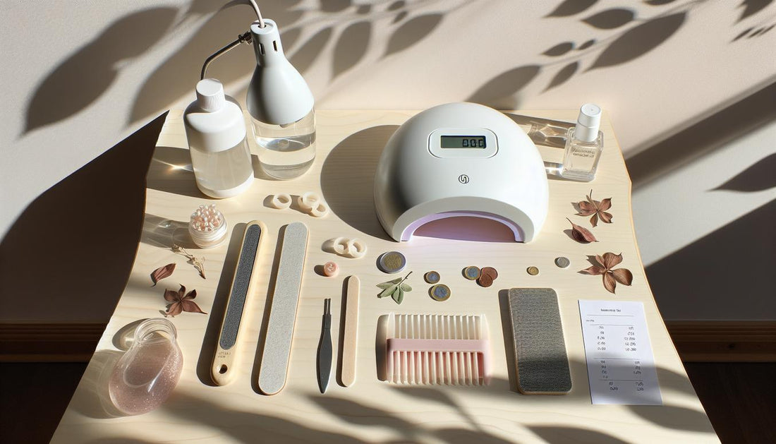 Helles, minimalistisches Flatlay mit UV-Lampe, Gel-Tiegeln, Feilen, Cleaner, Zehenspreizer, Taschenrechner, Euro-Münzen und kleinen Preisetiketten auf Holz.