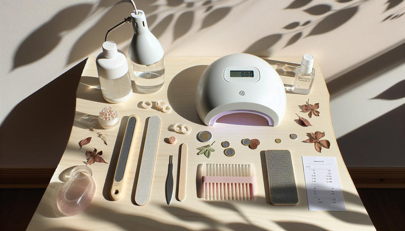 Helles, minimalistisches Flatlay mit UV-Lampe, Gel-Tiegeln, Feilen, Cleaner, Zehenspreizer, Taschenrechner, Euro-Münzen und kleinen Preisetiketten auf Holz.