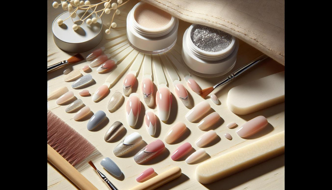Minimalistische Makroszene: French Nails in verschiedenen Varianten, Liner-Pinsel, UV-Lampe und Chrome-Puder stilvoll auf hellem Holz arrangiert.