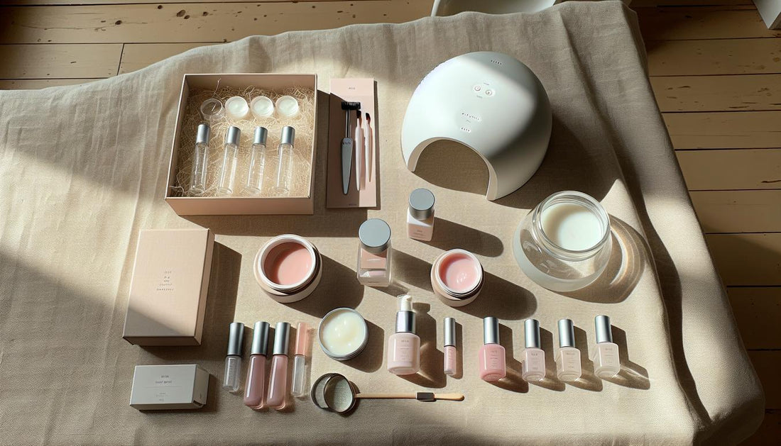Helles Flat-Lay mit geöffnetem Farbgel, Builder-Gel, Soft-Gel-Tips, UV-Lampe, Primer, Acetonpumpe, Base Gel und Top Coat, minimalistisch auf Leinenfläche.