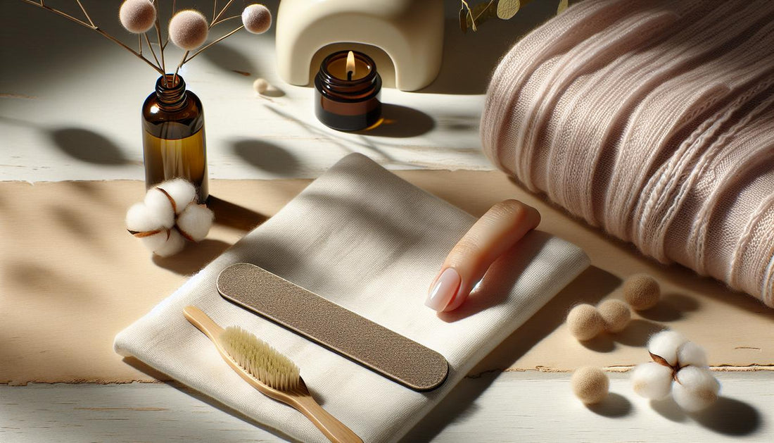 Makroaufnahme: natürlicher Fingernagel auf Baumwolltuch, Glasfeile, Jojobaöl-Fläschchen, Baumwollhandschuhe, UV-Lampe im Hintergrund auf heller Holzfläche.
