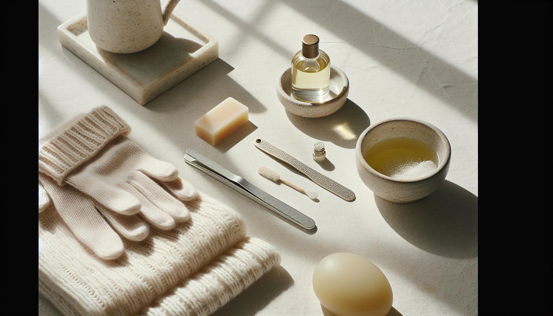 Minimalistisches Flatlay mit Glasnagelfeile, Nagelölflasche, Baumwollhandschuhen, Handtuch, Olivenölschale, milder Seife und Keramikbecher auf hellem Stein.