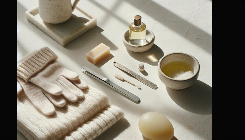 Minimalistisches Flatlay mit Glasnagelfeile, Nagelölflasche, Baumwollhandschuhen, Handtuch, Olivenölschale, milder Seife und Keramikbecher auf hellem Stein.