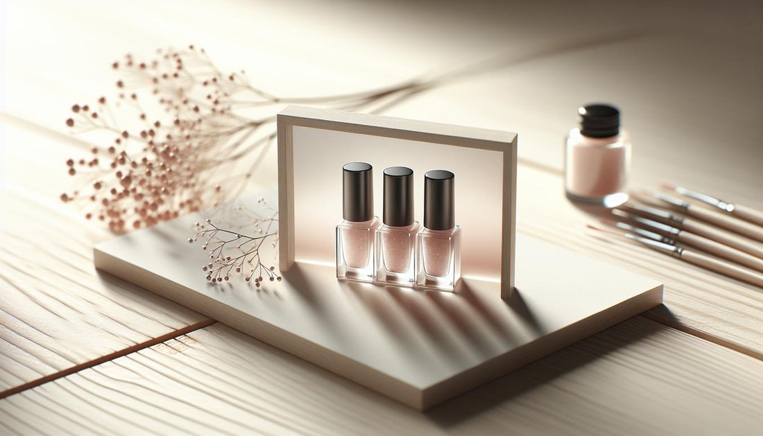 Minimalistische Maniküre-Station auf Birkenholz mit transparenten Sheer-Gel-Fläschchen, UV-LED-Lampe, Nagelöl, pre-buffed Soft-Gel-Tips und Acryl-Nagelmodell. Gelnägel Natur
