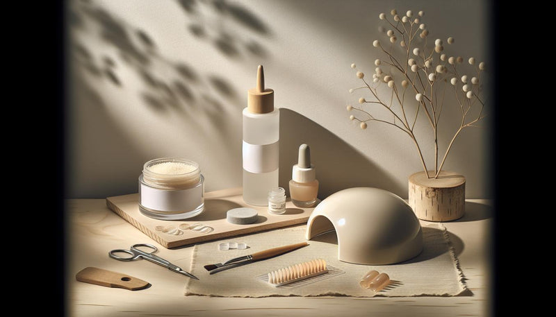 Flatlay mit Acryl- und Gel-Nageldesign-Zubehör, getrennt angeordnet auf hellem Holz, sanftes Licht, Fokus auf Texturen. Minimalistisch und feminin.