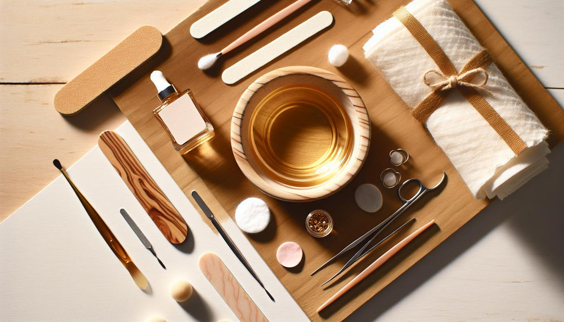 Minimalistische Nagelpflege-Szene: Glasflasche, Wattepads, Folienstreifen, Rosenholzstäbchen, Glasnagelfeile, Remover-Klammern und Schale mit Nagelöl auf hellem Holz.
