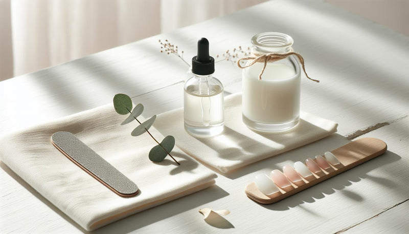 Helles, minimalistisches Nagelpflege-Arrangement: Glas mit Nagelöl, Nagelfeile, offene Klarlack-Flasche und künstliche Fingernägel auf Baumwolltuch.