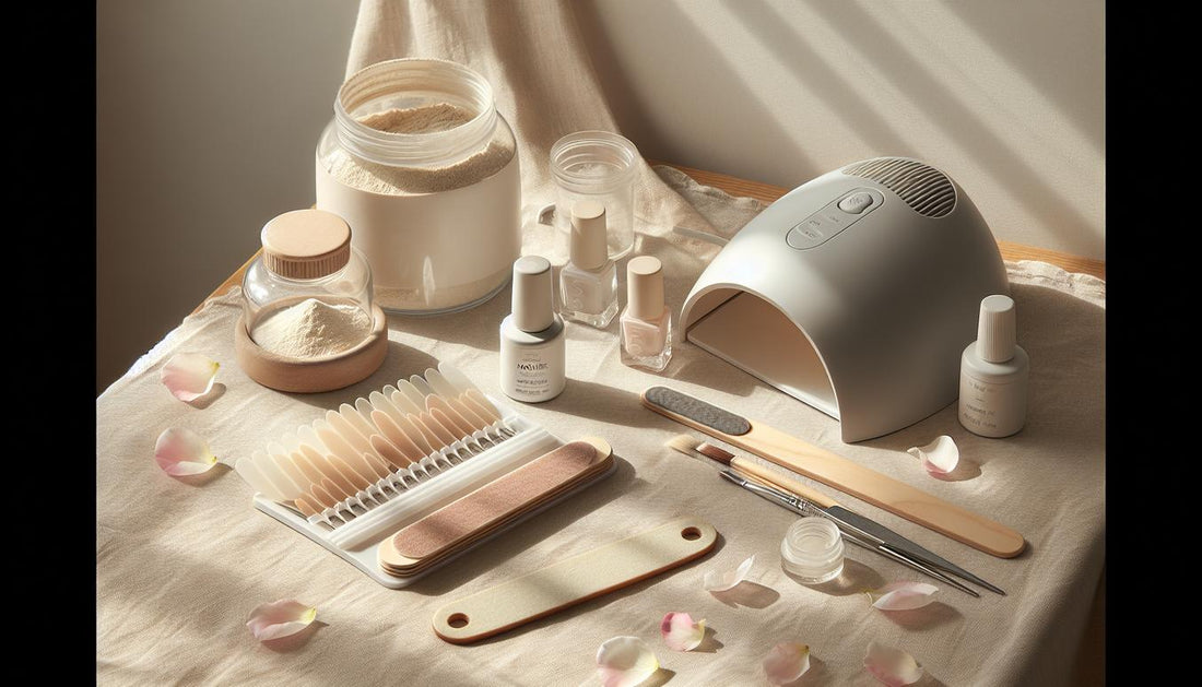 Flatlay: Acrylpulver, Monomer, Gel-Tiegel, UV/LED-Lampe, Feilen, Nail-Tips und Pinsel minimalistisch auf hellem Holz und Leinen, Tageslicht, NailX-Farben.