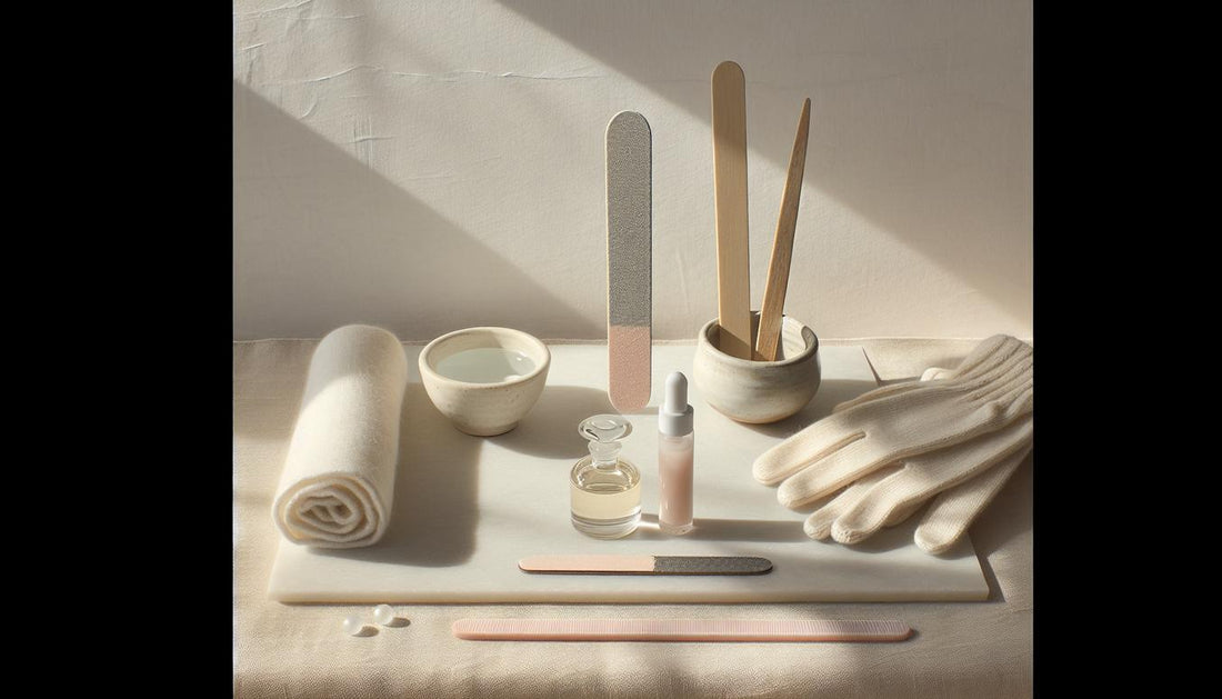 Minimalistisches Flatlay mit Glasnagelfeile, Nagelöl, Holzstäbchen, Baumwollhandschuhen, Glasschale und Handtuch auf heller Naturstein- oder Leinenoberfläche.