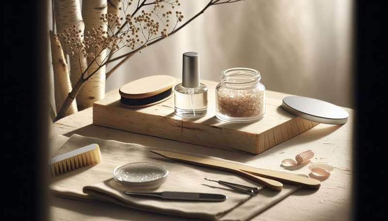 Minimalistische Manikürear­beitsstation mit Polygel-Tuben, UV/LED-Lampe, Buffer, Dehydrator und aufgerolltem Handtuch auf hellem Holz – polygel nägel